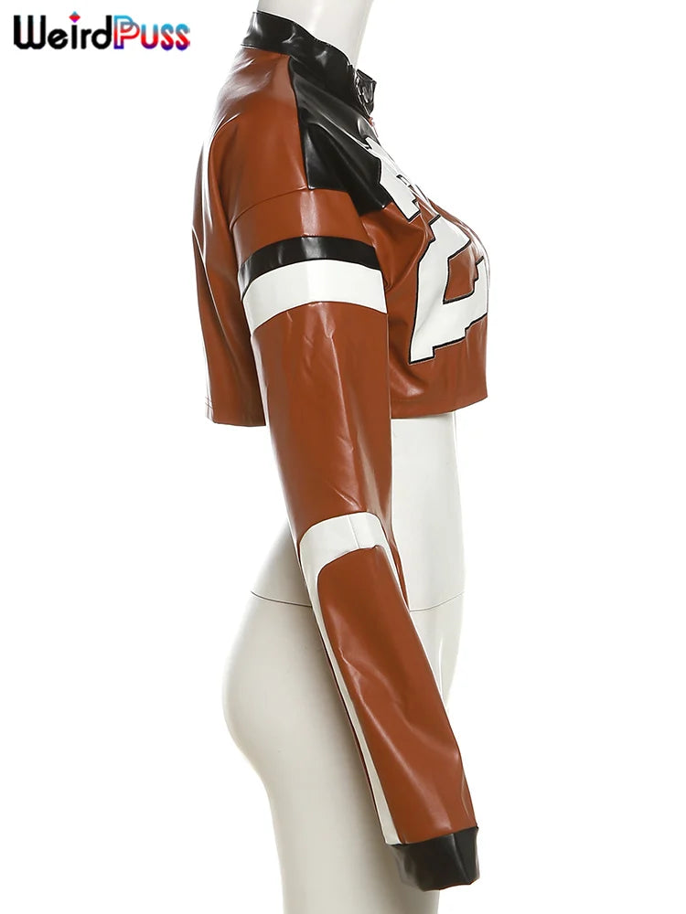 Weird Puss Faux Leather Varsity Jacket Women Hipster Letter Print Autumn Casual Sporty Wild Streetwear Uniform Trend Crop Coat