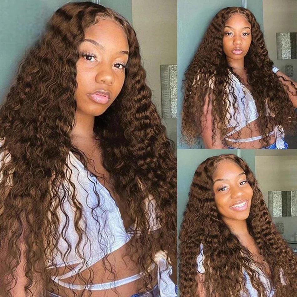 Chocolate Brown 13x4 Kinky Curly Lace Front Human Hair Wigs Pre Plucked Colored 13x6 Deep Wave Transparent Lace Frontal Wig