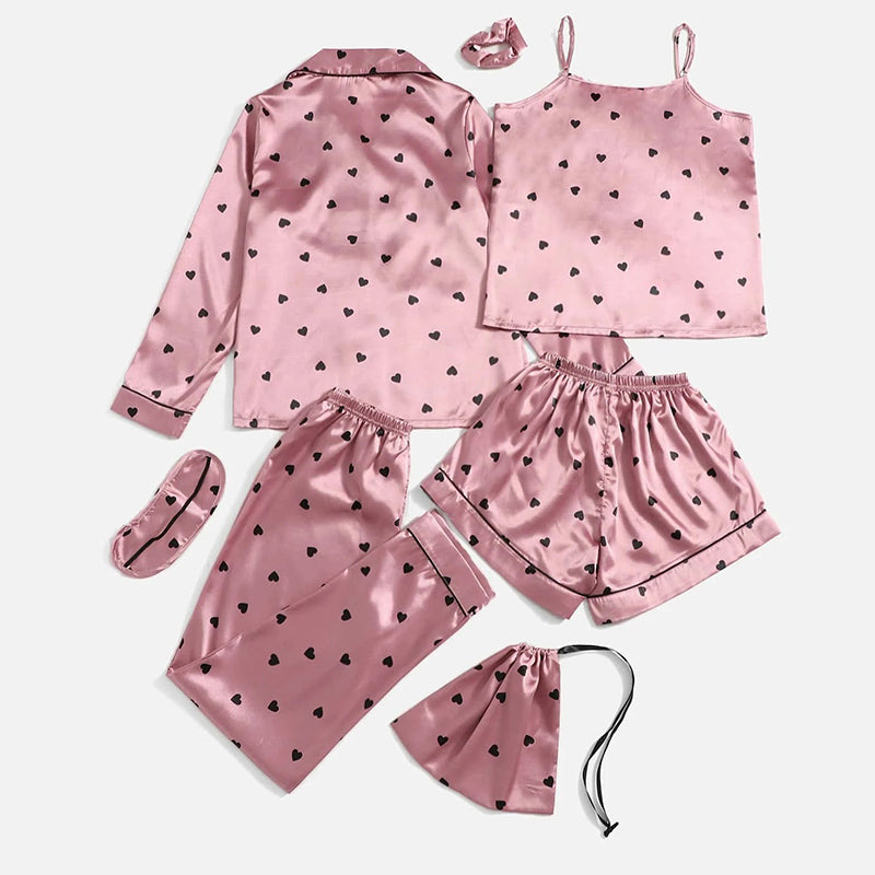 Women's Pajamas Set 7 Pieces Satin Sleepwear Pijama Silk Nightgown Suit Summer Women Home Clothing Printing Sleep Pyjama Femme