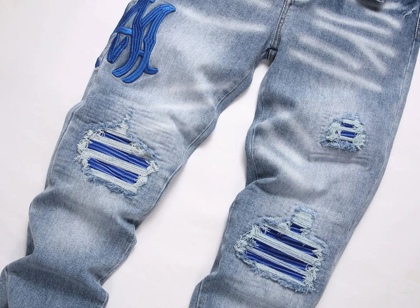 Current AM Brand Embroidered Distressed Patch High Street Youth Men's Slim Fit Skinny Pants