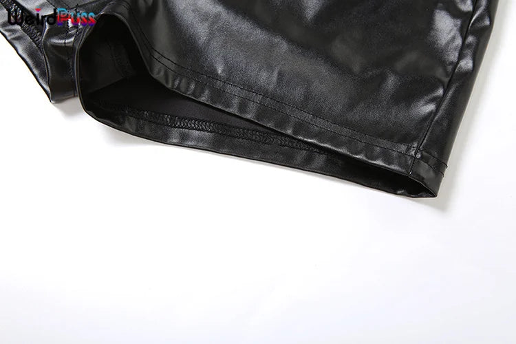 Weird Puss Faux Leather Sexy 2 Piece Set Women Hipster Strapless Shirring Hollow Strapless Tops+Shorts Midnight Clubwear Outfits