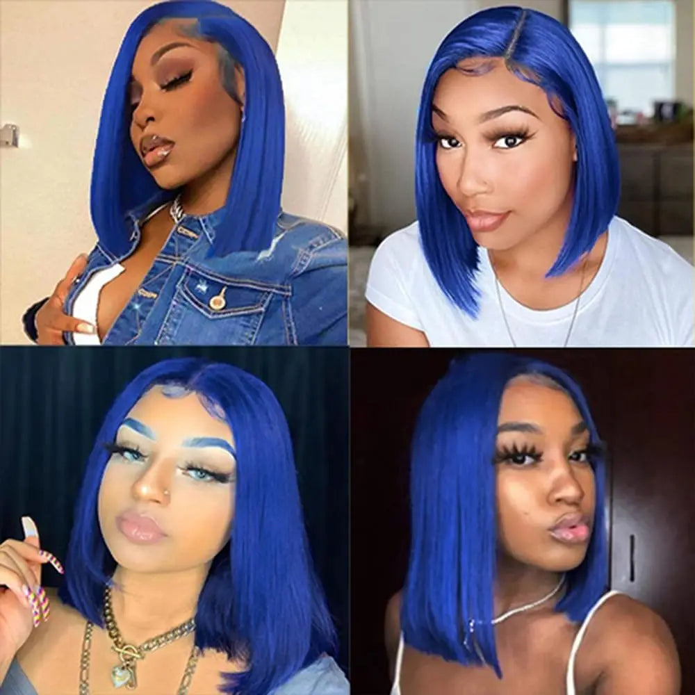 Short Bob Blue Colored 13X4 Lace Part Transparent Lace Peruvian Virgin Hair Wig For Women 100% Human Wig Straight Wig For Women
