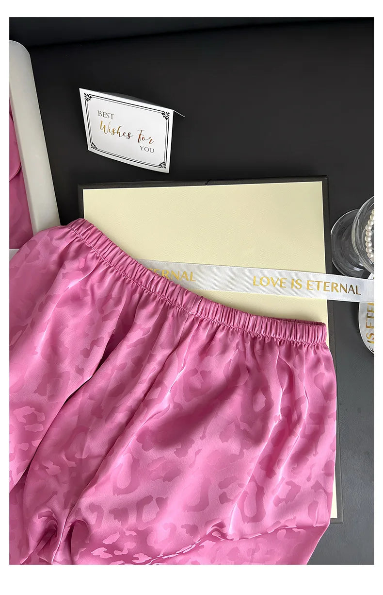Female 2PCS Pajamas Set Spring Autumn Feathers Long Sleeve Trouser Suits Sleepwear Fashion Sexy Rayon Hot Pink Leopard Homewear