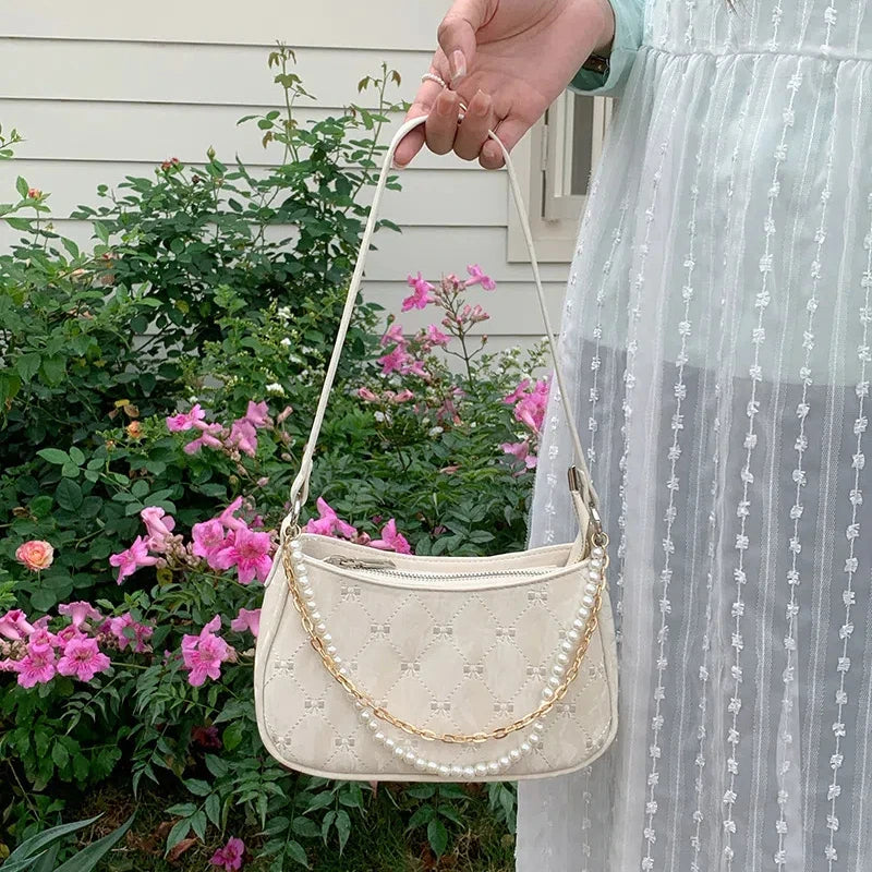 Pink Shoulder Bag Elegant Cute Bow Pearl Chains Bow Embroidery Handbag Casual Leather Korean Fashion Female Handbag