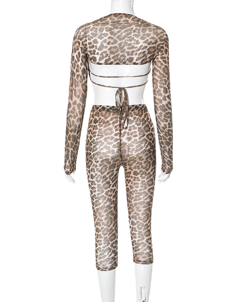 Weird Puss Sexy 3 Piece Set Women Leopard Print Mesh Full Sleeve Shawl+Bandage Metal Buckle Bra+Pants Street Trend Matching Suit