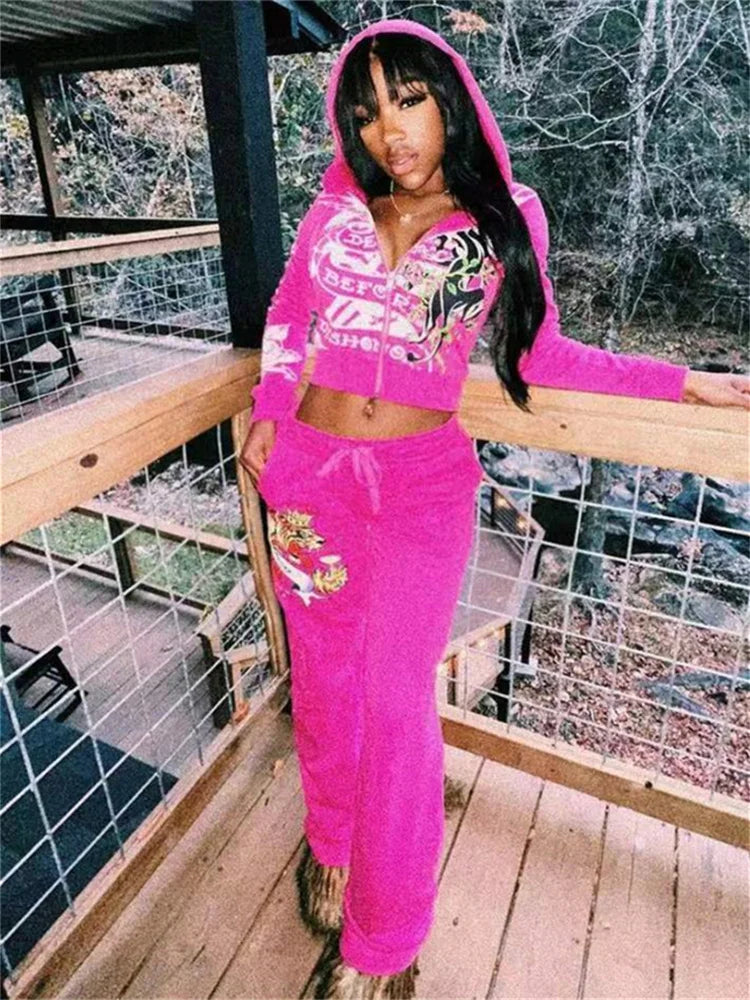 Spring 2 Two Piece Sets Casual Tracksuits Women Long Sleeve Zipper Crop Top+Baggy Pants Suits Club Rose Red Matching Outfits