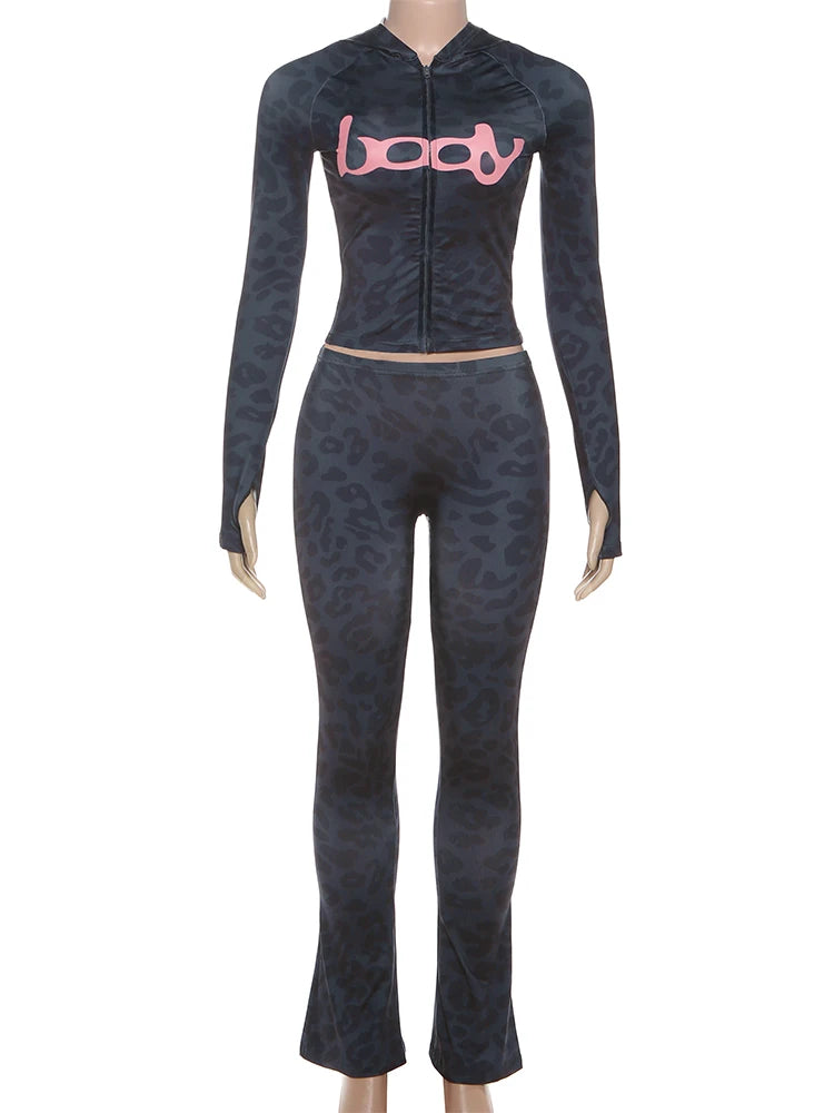 Weird Puss Letter Leopard Print 2 Piece Set Women Casual Zip Hooded Crop Jacke+Leggings Matching Stretch Sporty Street Outfits