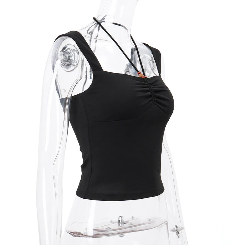 WhereMery Summer Women Black Slim Halter Tank Top Y2K Sexy Square-neck Pleated Backless Crop Tops Casual Sleeveless Bodycon Vest