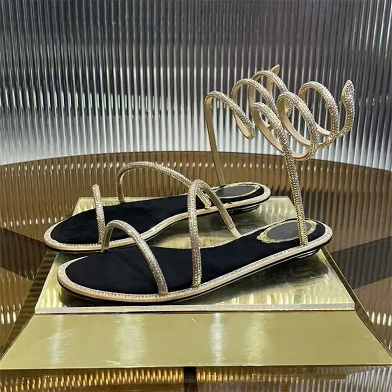 2025 Fashion Women Summer Gladiator Sandals Flat Heels Twine Around Ankle Strap Gladiator Sandal Wedding Beach Slides Rhinestone