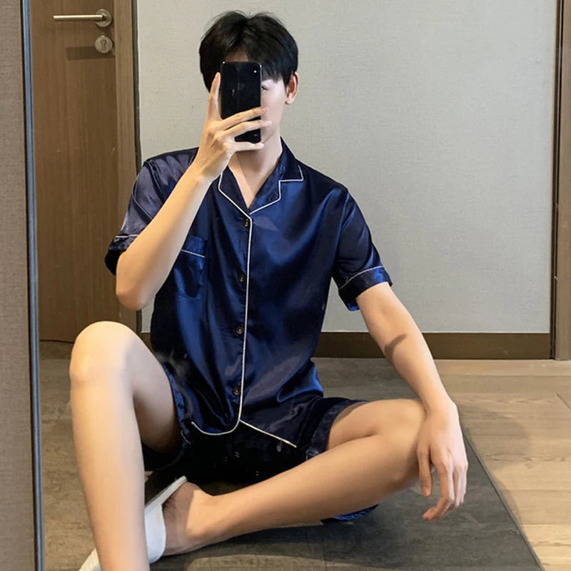 Summer New Pajamas For Man Big Size Satin Mens Pajama Sets Shorts Silk Short Sleeve Sleepwear Home Pijama Night Wear Loungewear