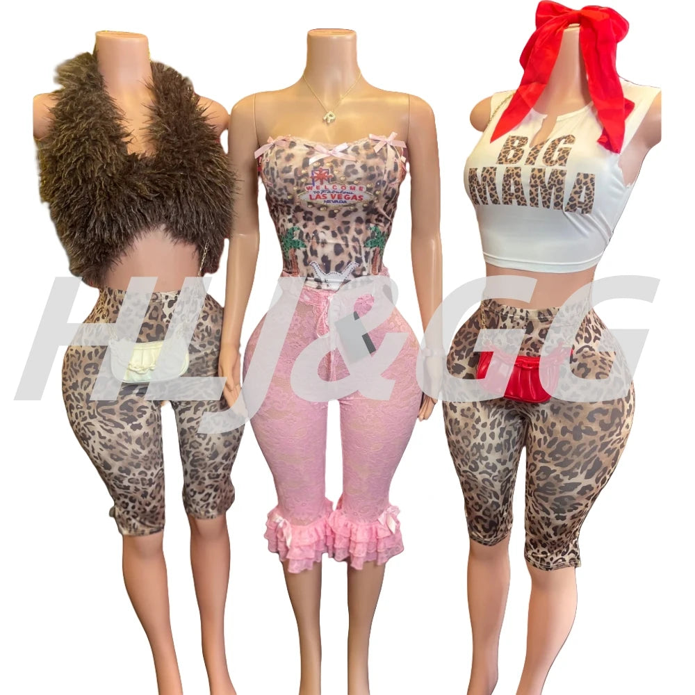 HLJ&GG Fashion Trend Leopard Print Shorts Two Piece Sets Women Fur Halter Lace Up Crop Top And Shorts Outfit Y2K 2pcs Streetwear