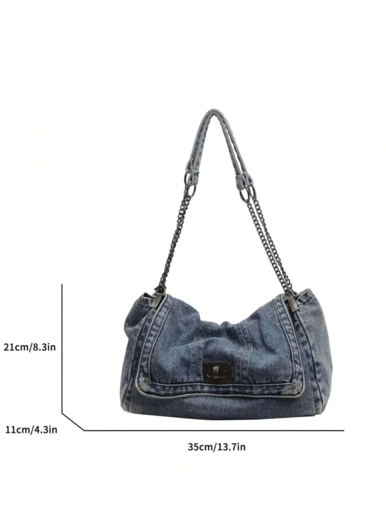 Jeans Tote Bag with Metal Buckle and Chain Strap Deep Blue Light Blue Black Vintage Stitching Design for Women Non-Adjustable Sl