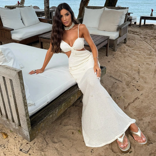 2025 New Sexy Women Peals Dresses Halter Naked Waist Cut Out Maxi Dress Summer Party Evening Female Vestidos
