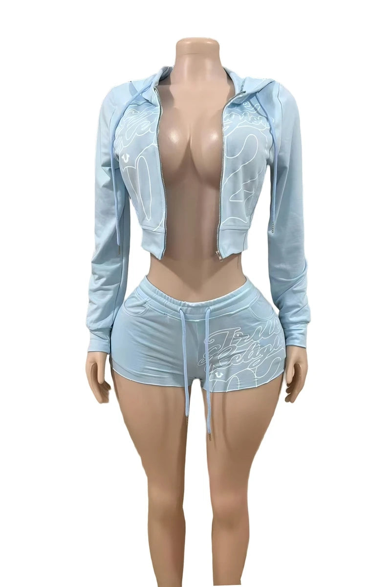 STYLISH LADY Letter Printed Sporty 2 Piece Set Women Long Sleeve Zipper Hoodies Crop Top and Shorts Suits 2025 Autumn Tracksuits