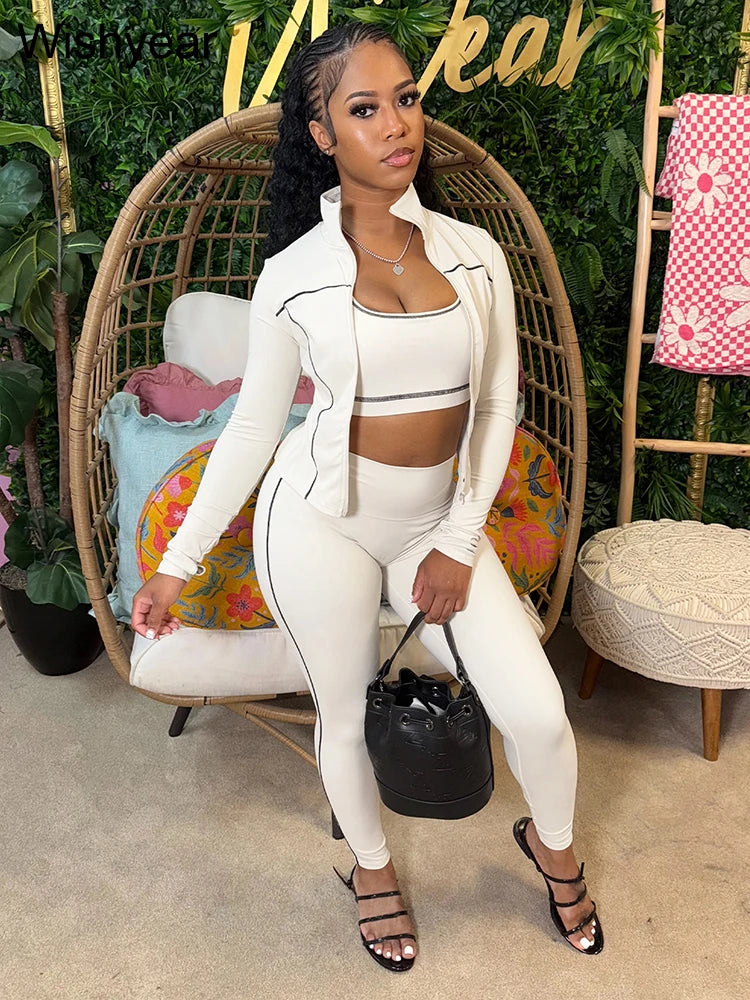 Sports Women's Stripe Pink 3-Piece Pants Set Long Sleeve Crop Top Tank Leggings Skinny Autumn Active Fitness Streetwear Outfits