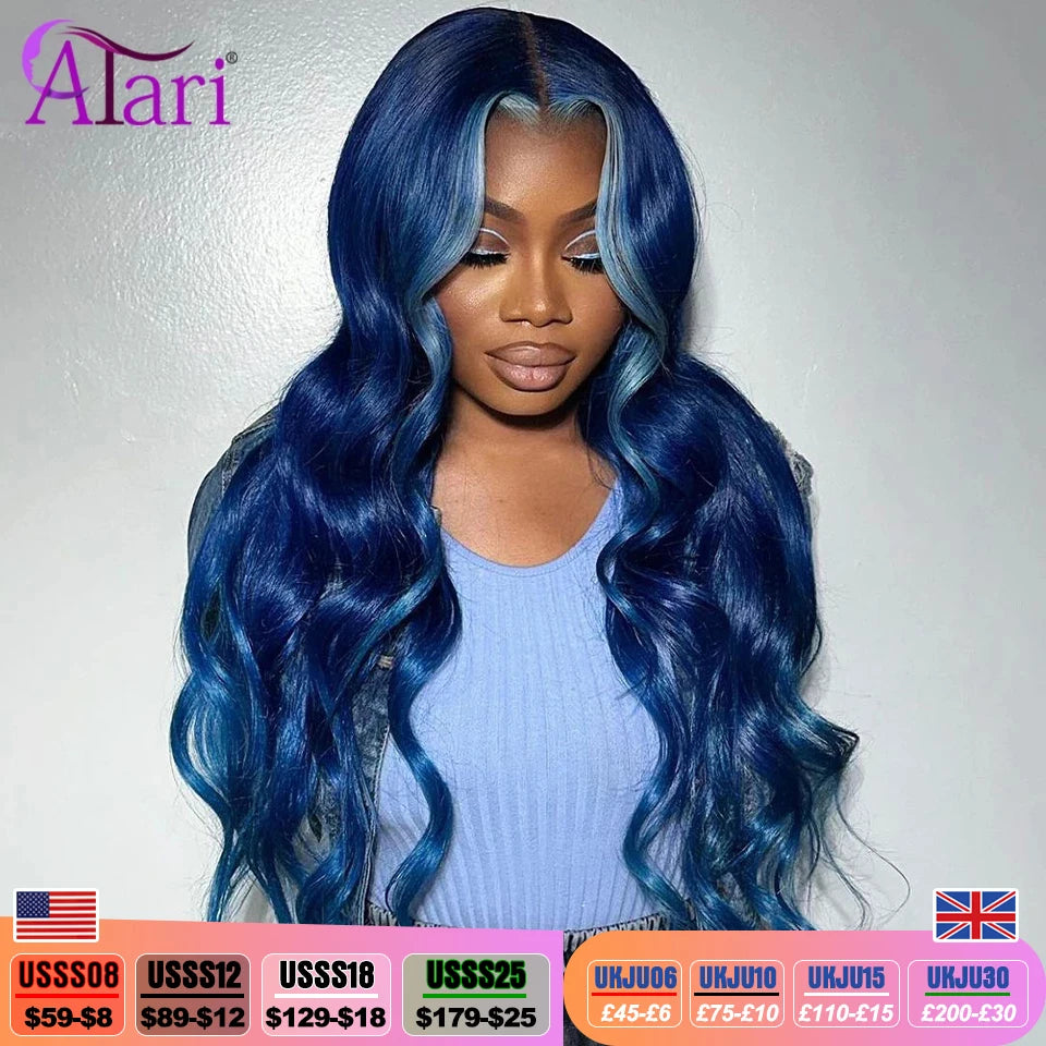 Blue Transparent 13x6 Lace Frontal Human Hair Wigs Brazilian Highlights Body Wave 13x4 Lace Front Wig Pre Pluck 5x5 Closure Wig