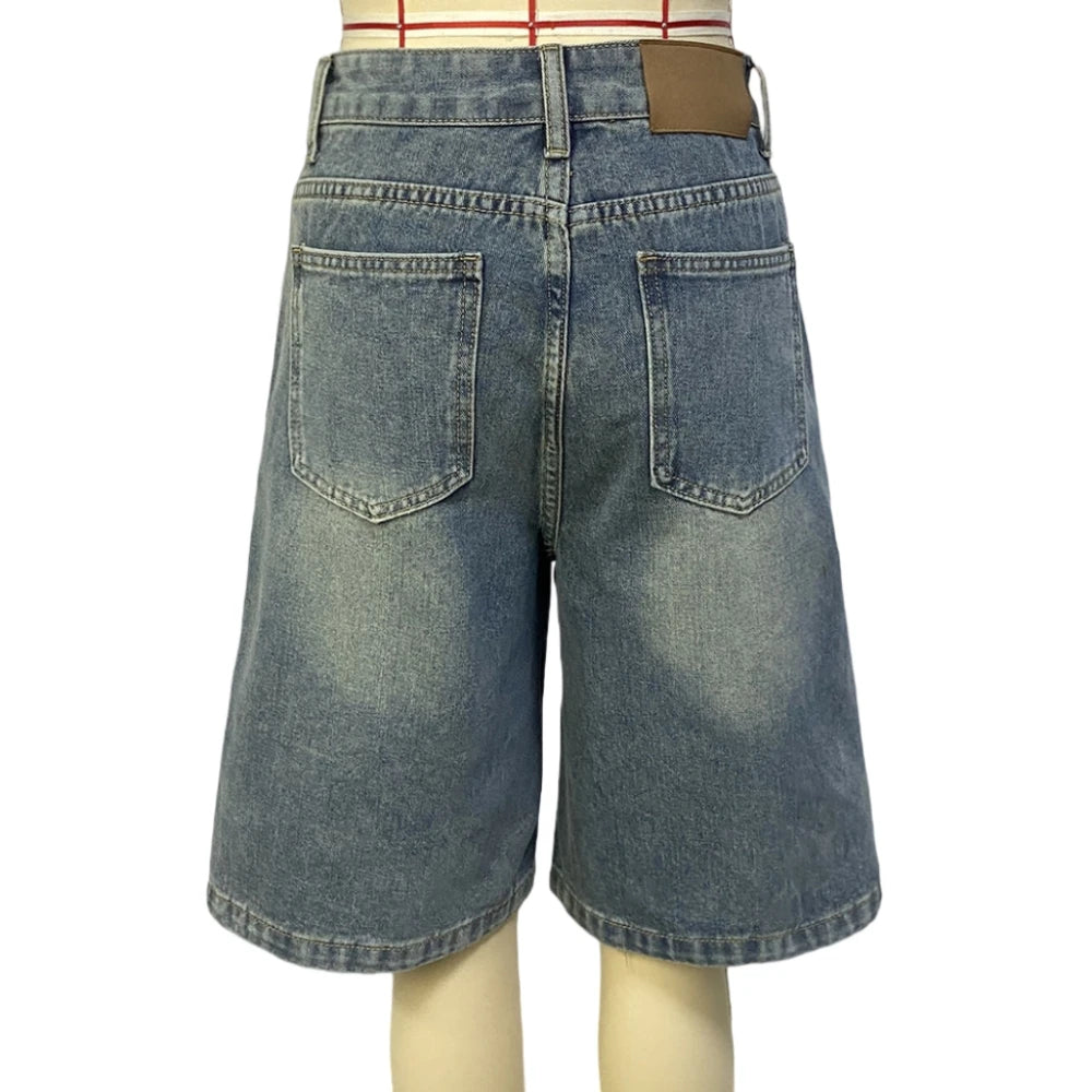 HLJ&GG Blue Retro Fashion jeans Two Piece Sets Women One Shoulder Short Sleeve Crop Top+Jeans Shorts Outfits Fashion Streetwear
