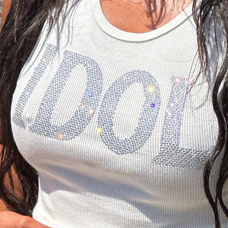 IDOL Rhinestone Letter Pattern Print 2024 Sexy Summer White Cute Y2k Aesthetic Harajuku Sleeveless Crop Top Tank Tops Streetwear