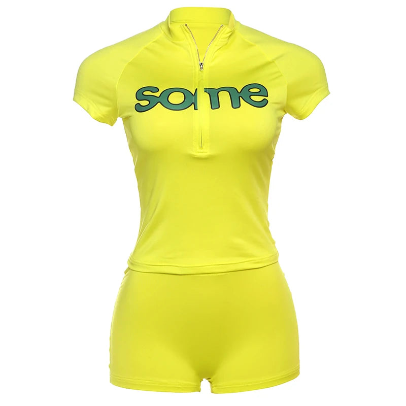 Weird Puss Letter Print Women2 Piece Set Casual Sporty Zip Crop Tops+Shorts Matching Streetwear Stretch Skinny Streetwear Suits