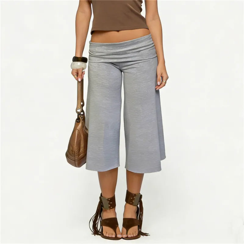 Y2K Women's Low Waist Wide Leg Capri Pants Fold Over Waist Flare Cropped Pants Casual Solid Color Summer Streetwear Trousers