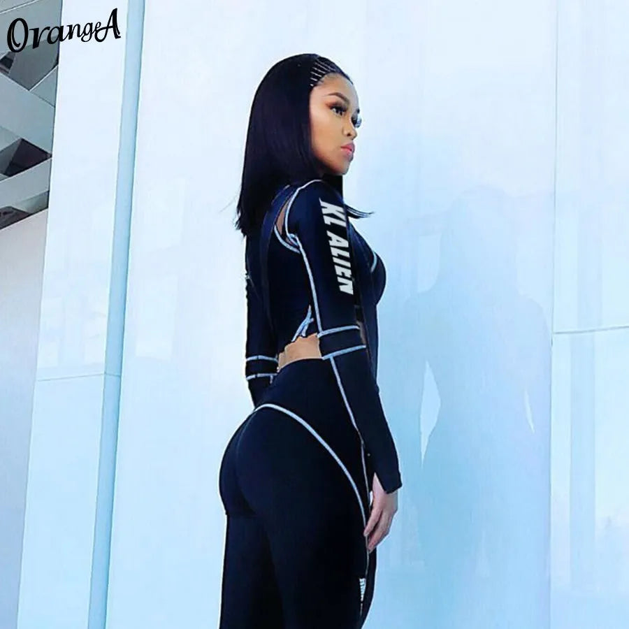 Weird Puss Women Tracksuit Letter Print 2Piece Set Fitness Full Sleeve Crop Top Elastic Leggings Activewear Casual Slim Outfits