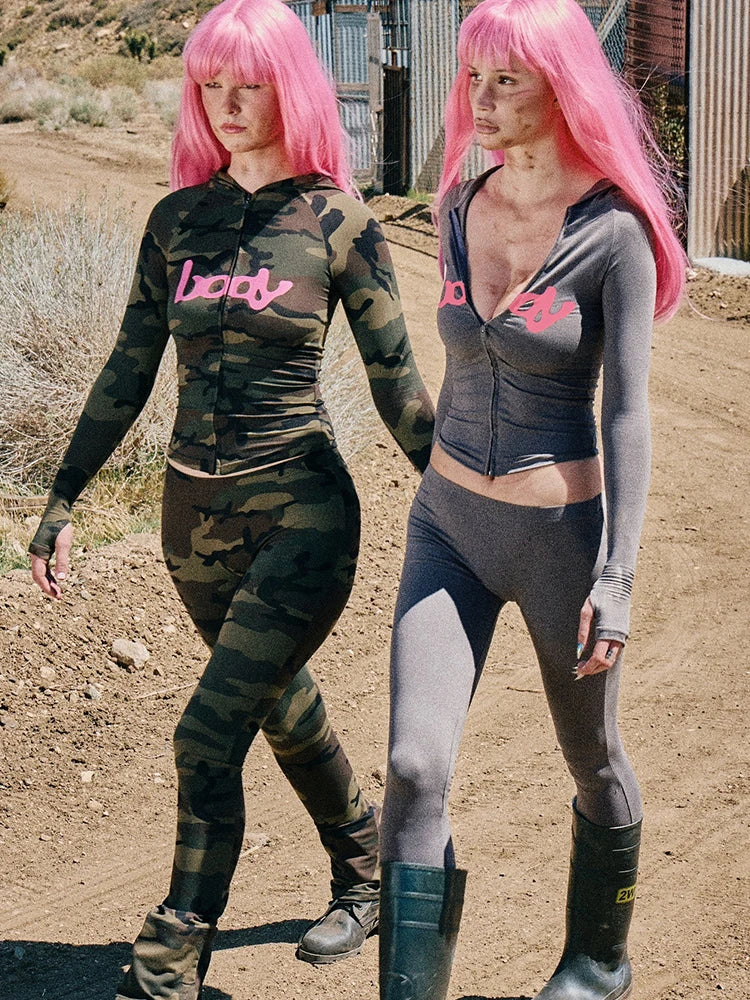 Weird Puss Letter Print 2 Piece Set Women Tracksuit Hooded Jacket+Leggings Matching Stretch Streetwear Casual Sporty Outfits