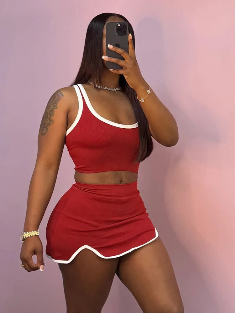 Weird Puss Casual Simple Women 2 Piece Set Tracksuit Skinny Tank Tops+Irregular Hem Skirts Matching Stretch Streetwear Outfits