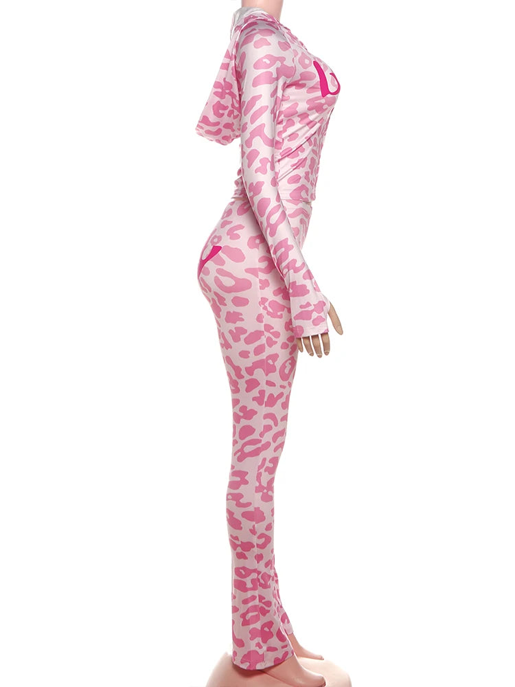 Weird Puss Letter Leopard Print 2 Piece Set Women Casual Zip Hooded Crop Jacke+Leggings Matching Stretch Sporty Street Outfits