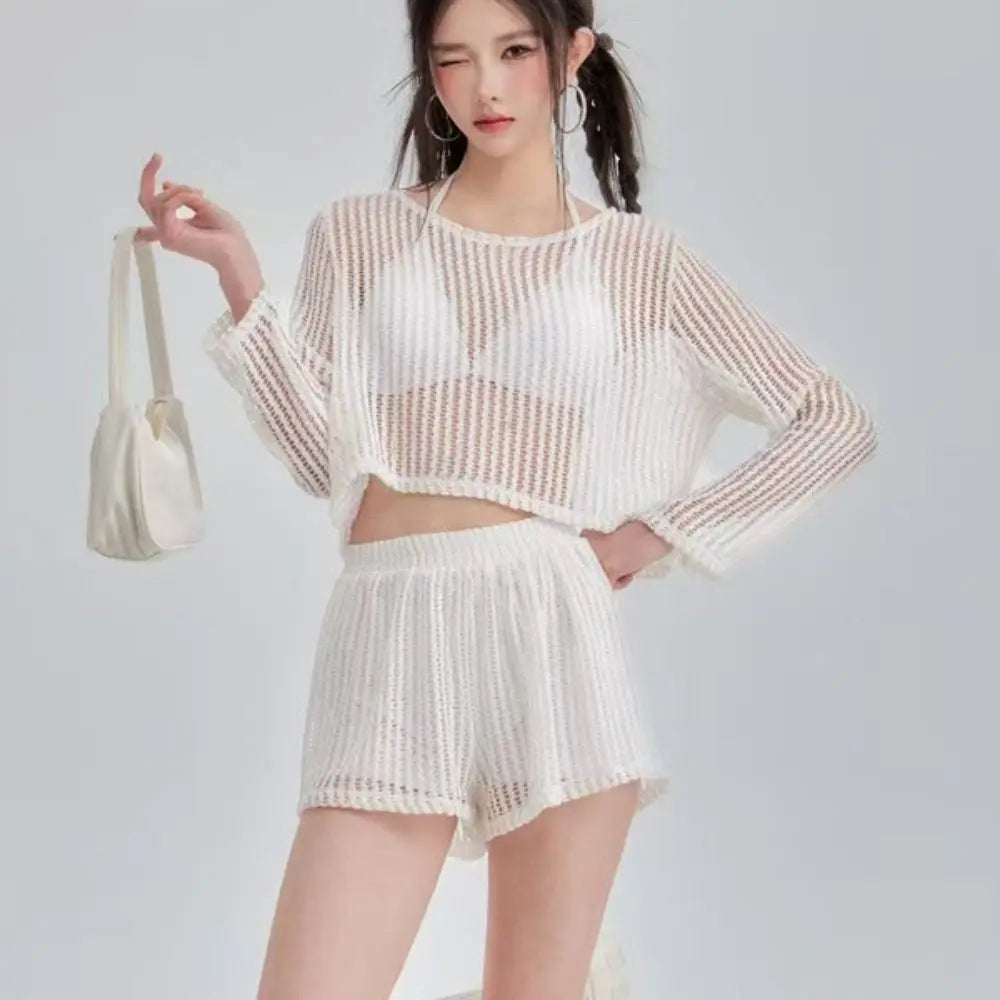 Loose Long Sleeve Swimsuit Hollow Out Beachwear Crochet Knit Bathing Suit Sun Protection Pullover Three Pieces Set Swimwear