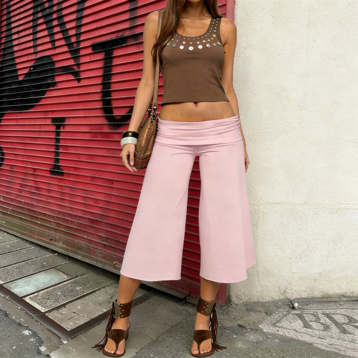 Capri Pants for Women Low Rise Fold Over Capri Yoga Pant Soft Comfy Flowy Wide Leg Capris Culottes Bottoms
