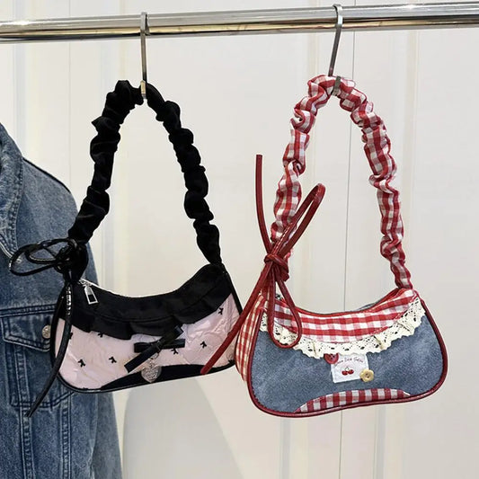Fashion Grid Women Bag Lace Ribbon Stretchable Shoulder Strap Single Shoulder Underarm Bag Daily Commuting Student Handbag