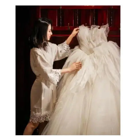 Summer Lace Sleepwear Bride&Bridemaid Wedding Robe Gown Solid Embroidery Kimono Bathrobe Women Casual Home Night Dress M L Xl