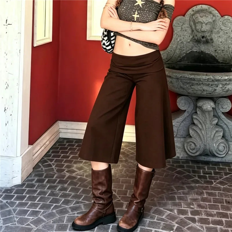 Y2K Women's Low Waist Wide Leg Capri Pants Fold Over Waist Flare Cropped Pants Casual Solid Color Summer Streetwear Trousers