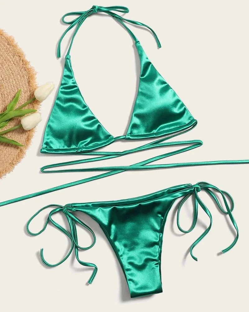 Halter Brazilian Metallic Satin Bikini  Swimwear, Swimsuit Two-pieces Bikini Set High Cut Bathing Suit Swim Beachwear