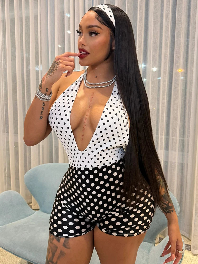 SiSterlinda Chic Backless Halter Playsuit Woman Polka Dots Print Patchwork Skinny 2026 Summer Street Sexy Skinny Stretch Rompers