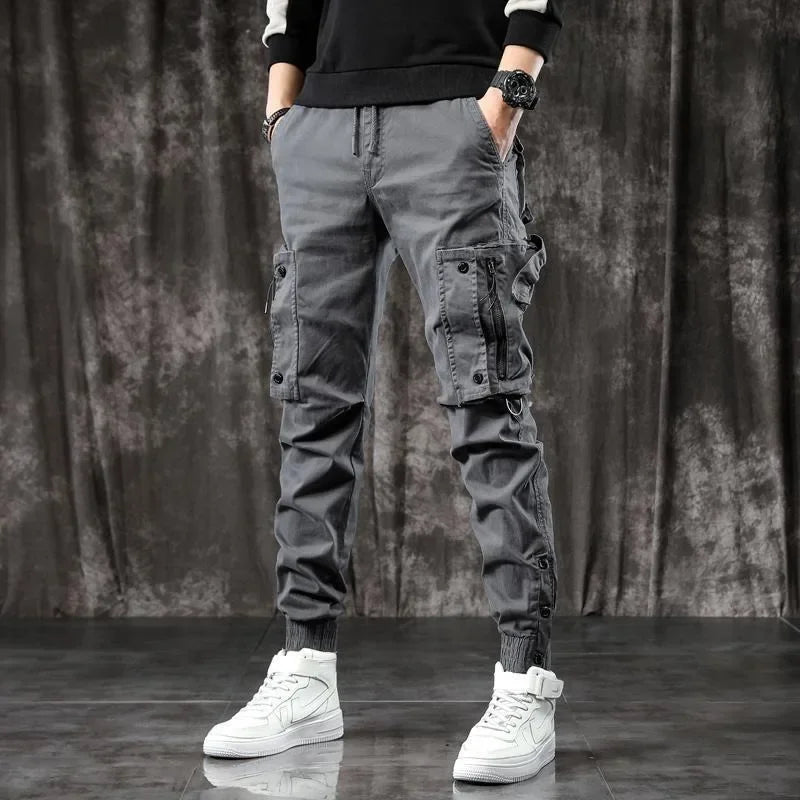 Trendy Men's Spring Autumn Cargo Pants Slim Fit Casual Style Loose Fit American Style Multiple Pocket Small Foot Pants Black