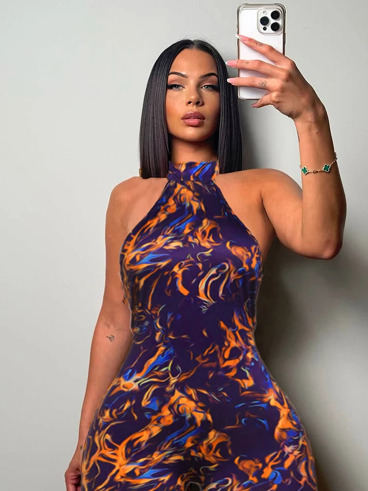 Weird Puss Backless Romper Women Halter Bandage Leopard Print Fit Tight Stretch Summer Sexy Hipster Activity Workout Playsuits