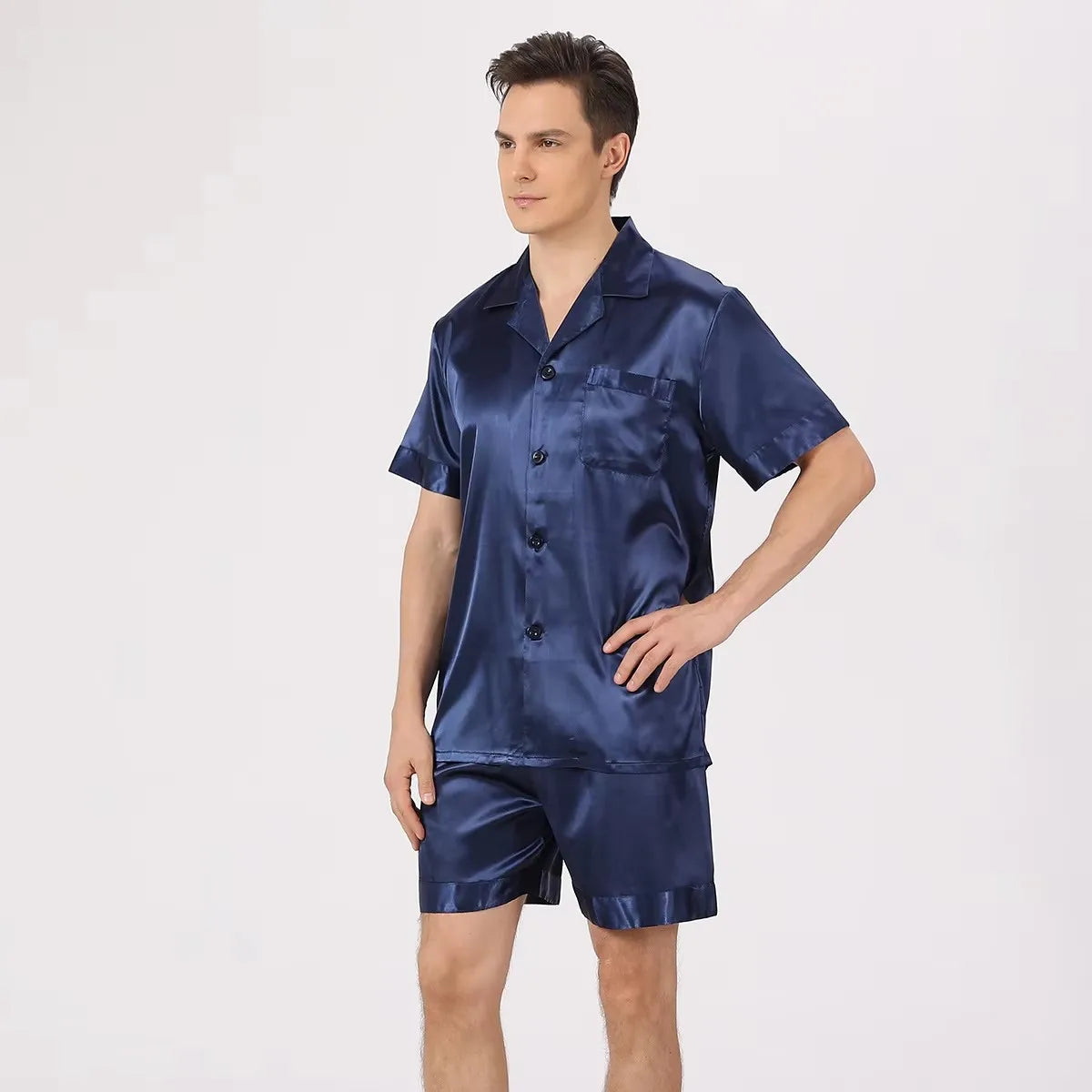 Silk Satin Pajamas for Men Sleepwear Cozy Soft Print Long Sleeve Nightgown Tops + Trousers Two Pieces Mens Pajama Set