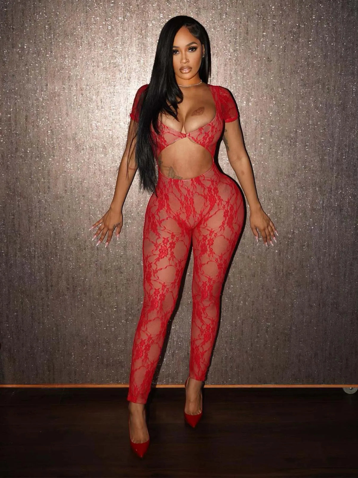 Weird Puss Sexy Backless Fitness Jumpsuit Women Hollow Short Sleeve Jacquard Skinny Activity Midnight See Through Long Overalls