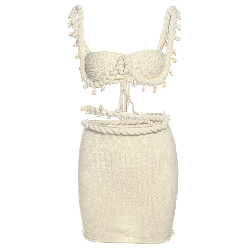 Weird Puss Crochet Applique Patchwork 2 Piece Set Women Sexy Backless Crop Tops+Bandage Hollow Skirts Vacation Beach Party Suits