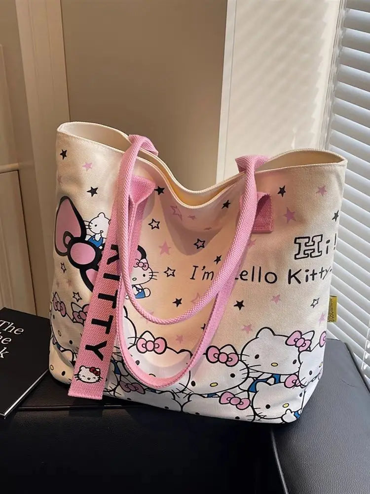 New Model Hello Kitty Cartoon Canvas Bag Cute Commuter Versatile One-Shoulder Tote Bag Large-Capacity Storage Bag