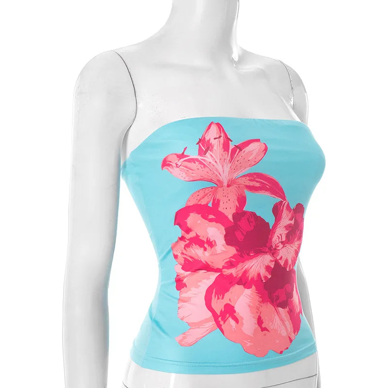 Nsauye 2025 Fashion Women Summer Y2K Clothes Skinny Floral Print Mini Tube Tank Tops Sleeveless Sexy Club High Street Crop Tops