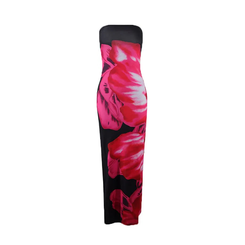 Sexy Slim Big Flower Print Maxi Dress Woman Bodycon Split Vintage Vacation Beach Y2K Summer Party Cheap Clothes Women Dresses