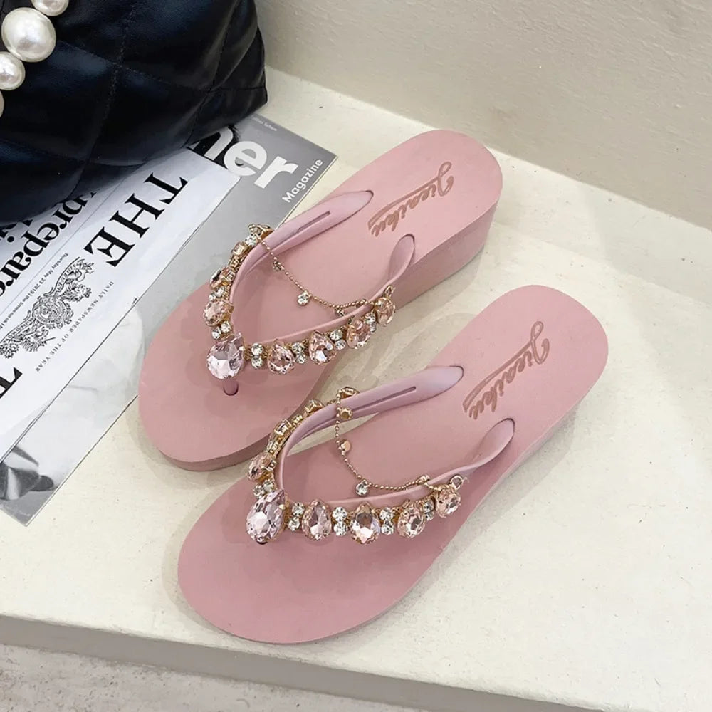 Women Slippers Fashion 2026 Summer New Water Diamond Flip Flops Women Outwear Thick Sole Slope Heels Beach Vacation Slippers