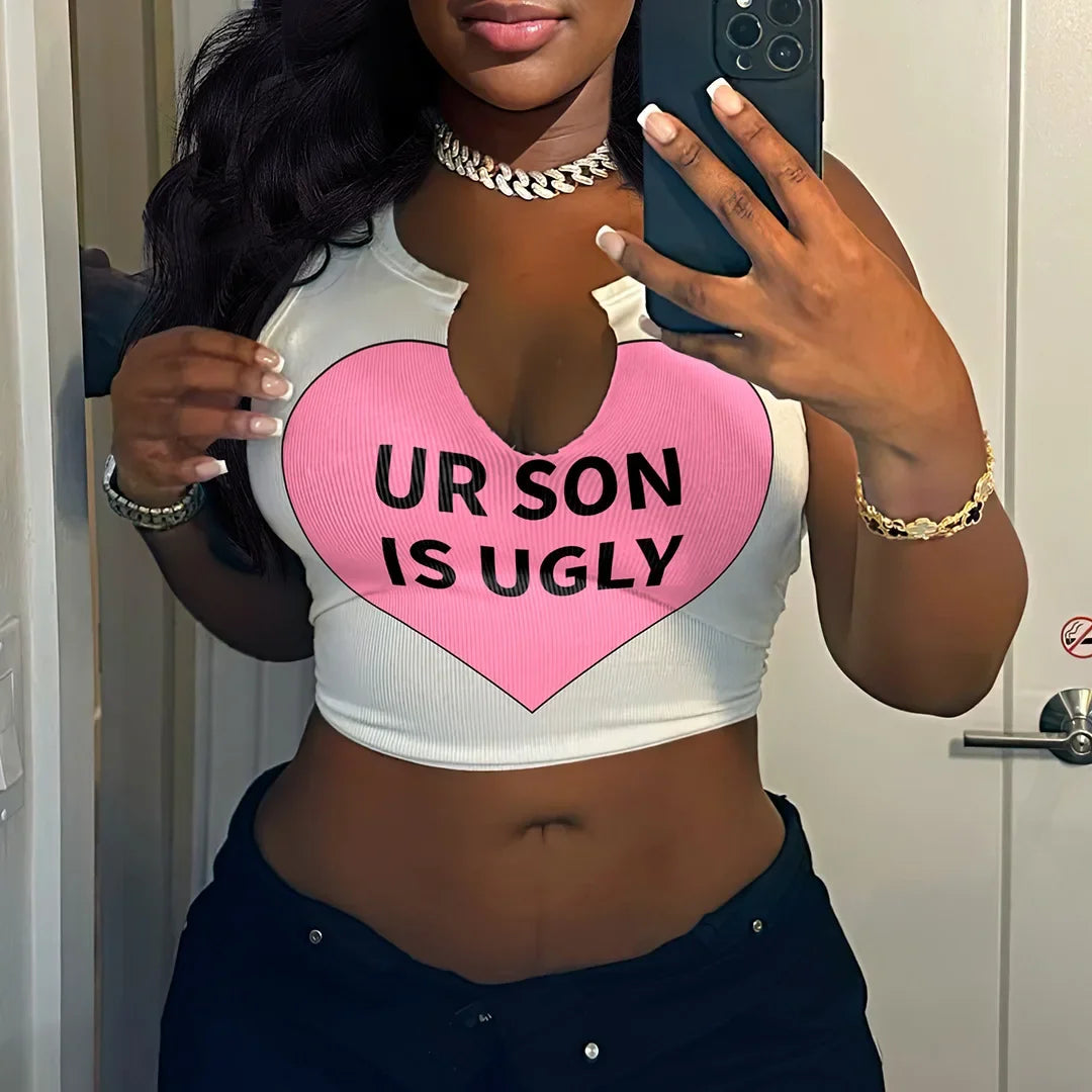 HLJ&GG 2024 INS Fashion Y2k T Shirts Letter Print Crop Tops Girls Streetwear Short Sleeve Slim-fit V-neck Tees T Shirt White New