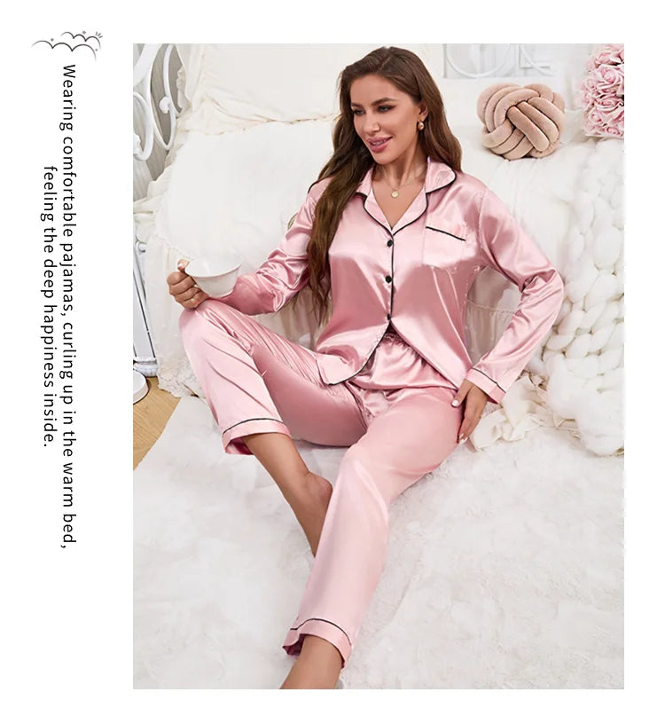 Autumn Satin Women‘s Pajamas Set Notched Collar Top & Wide Leg Long Pants 2 Pieces Sleepwear Female Loungewear Like Leisure Suit