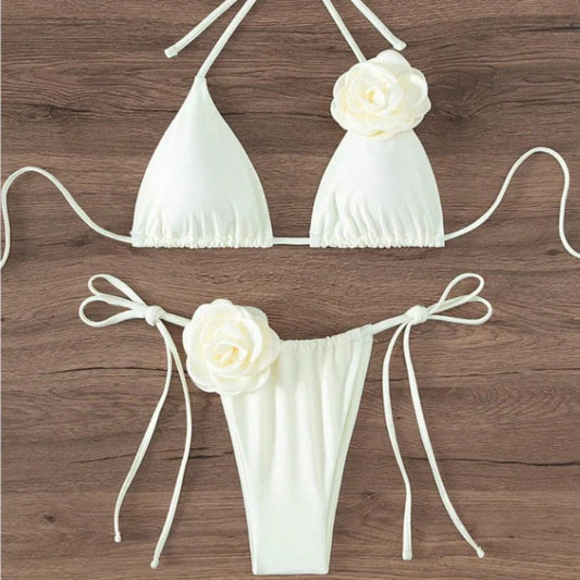 S - L Sexy 3D Flowers Halter Strappy Bikini, Swimwear Swimsuit Two-pieces Bikini Set Bather Bathing Suit Swim