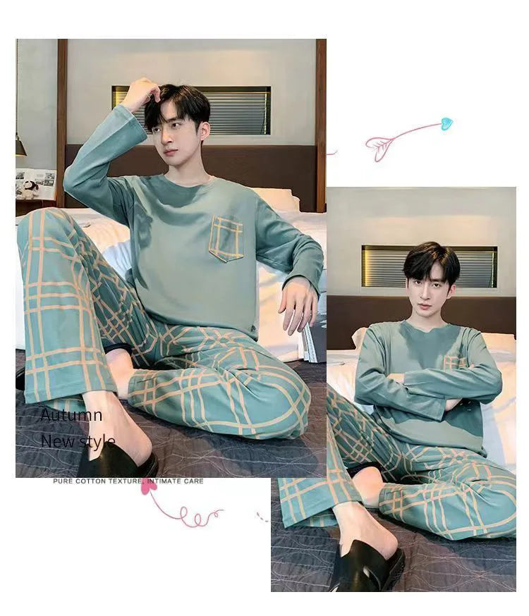 Pajamas Men Long Sleeves and Trousers Spring and Autumn Style Simple and Breathable Nightwear Student Youth Loungewear Sleepwear
