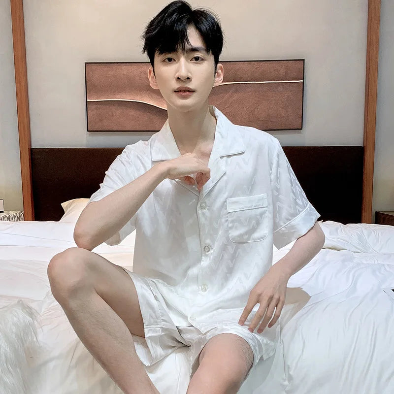 High Quality Jacquard Pajamas Suit Men Summer Ice Silk Shorts Sleepwear Set Thin Satin Large-size Loungewear Male Night Clothing