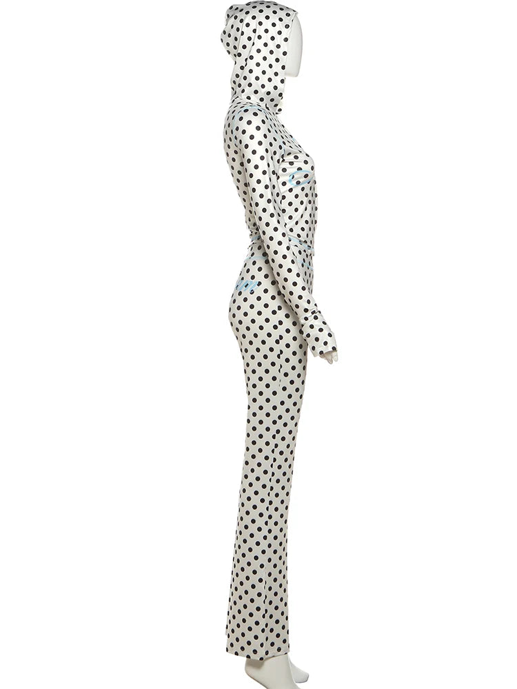Weird Puss Polka Dot Letter Print 2 Piece Set Woman Tracksuit Trend Sexy Hooded Jacket+Pants Skinny Stretch Matching Streetwear